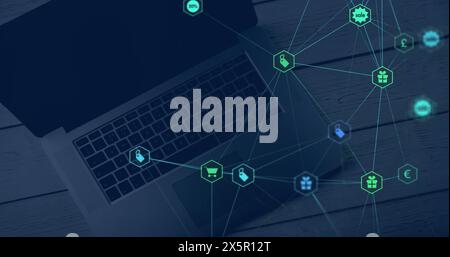 Image of laptop and network of connections Stock Photo