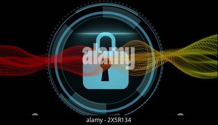 Image of padlock in loading circles with dynamic waves over black background Stock Photo