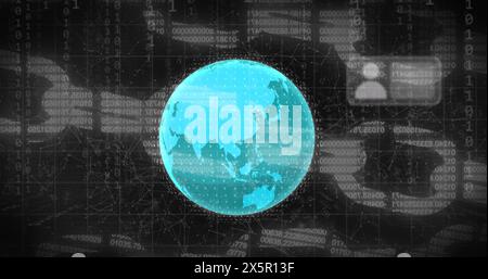Image of message boxes, binary codes, globe, blockchain and connected dots over black background Stock Photo