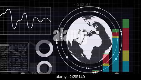 Image of graphs, binary codes and globe in circles over black background Stock Photo
