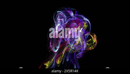 Image of multicolored glowing dots forming dynamic waves against black background Stock Photo