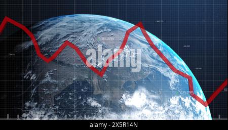 Image of financial data processing with red line over globe Stock Photo