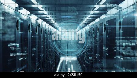 Image of fingerprint, data security text, icons and computer language over data server room Stock Photo