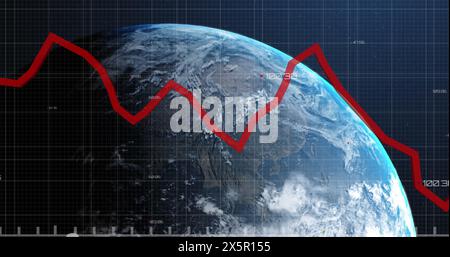 Image of financial data processing with red line over globe Stock Photo