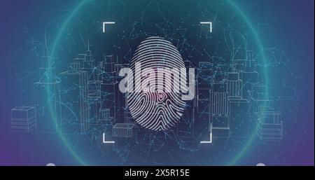 Image of data processing over biometric fingerprint and cityscape Stock Photo