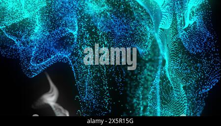 Image of glowing dots forming dynamic waves against black background Stock Photo