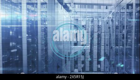 Image of fingerprint, icons and data security text in circle, data server systems in server room Stock Photo