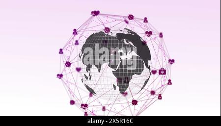 Digital image of globe of medical icons over spinning globe against white background Stock Photo