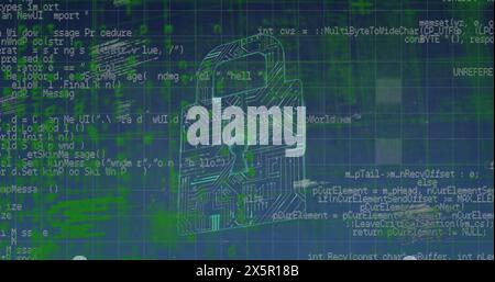 Image of data processing over integrated circuit in green and black space Stock Photo