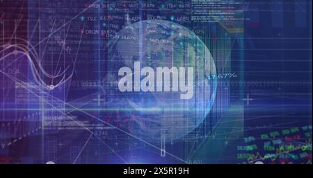 Image of data processing, graphs and connections over globe in blue space Stock Photo