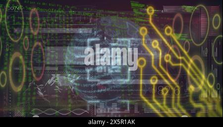 Image of circuit board and globe with qr code over data processing Stock Photo