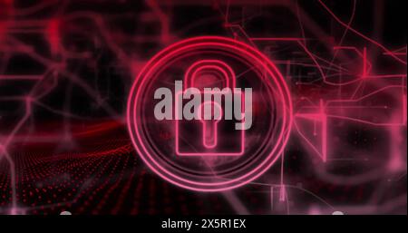 Image of padlock in circles and navigation pattern over black background Stock Photo