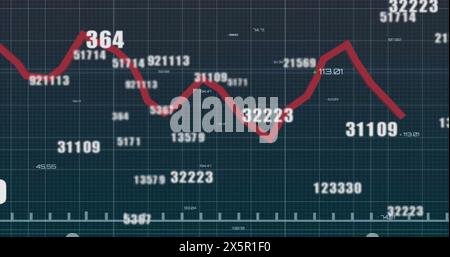 Image of changing numbers over red graph and grid pattern against black background Stock Photo