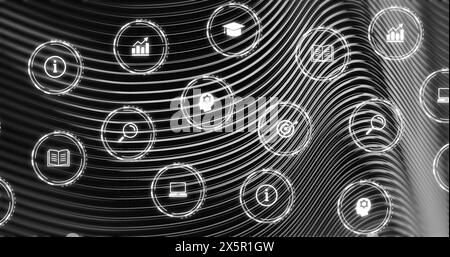 Floating digital icons over black background are displaying Stock Photo