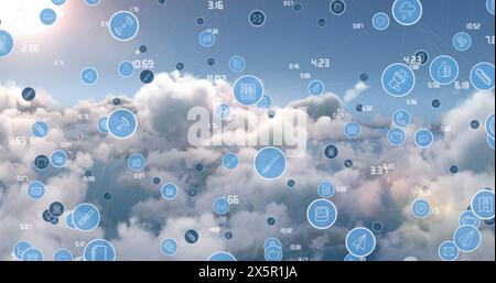 Image of network of connections with icons over clouds Stock Photo