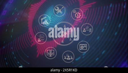 Image of digital icons over glowing neon tunnel background Stock Photo