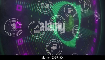 Image of digital icons over glowing neon tunnel background Stock Photo