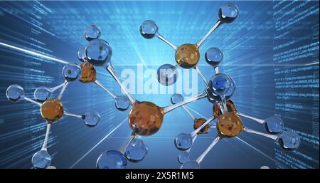 Molecular models are floating in front of digital data background Stock Photo