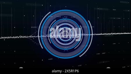 Image of neon round scanner over data processing against black background Stock Photo