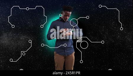 Image of shapes over african american man using smartwatch Stock Photo