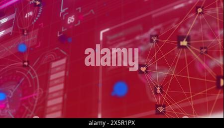 Image of connections, data, blue and pink dots on red background Stock Photo
