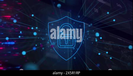Image of blue dots over digital screen and digital padlock on black background Stock Photo