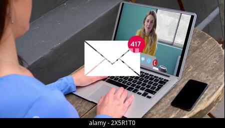 Image of online security padlock over scientist with laptop Stock Photo