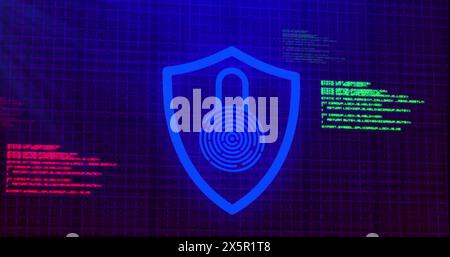 Image of security fingerprint and data processing over dark background Stock Photo