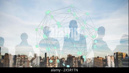 Image of tech icons with connections and people silhouette over cityscape Stock Photo