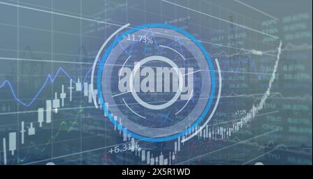 Image of round scanner and financial data processing against aerial view of cityscape Stock Photo