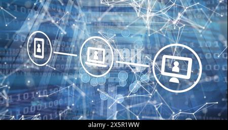 Image of tech icons over connections, binary code and servers Stock Photo