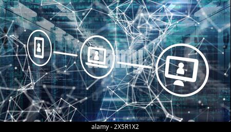 Image of tech icons over connections and servers Stock Photo