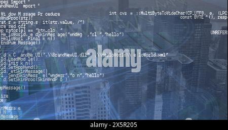 Image of screens with data processing over office desk against cityscape Stock Photo