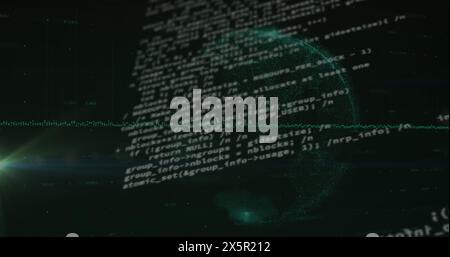 Image of data processing over globe on black background Stock Photo