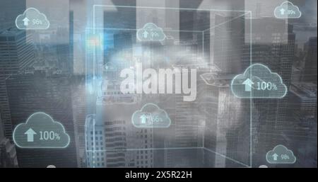 Image of clouds with percent and data processing over cityscape Stock Photo