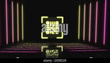 Image of qr code in viewfinder and multicolored lines against black background Stock Photo