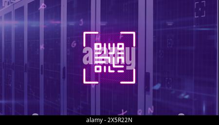 Image of qr code and letters over computer servers in background Stock Photo