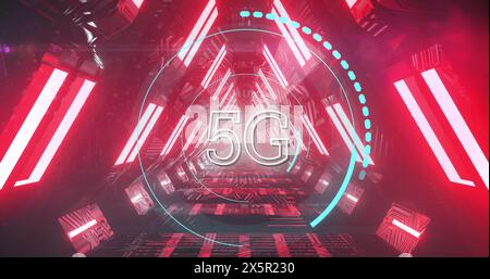 Image of 5g and processing circle in neon tunnel Stock Photo