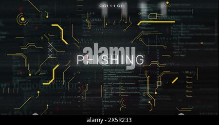 Image of phishing text and data processing over computer motherboard Stock Photo