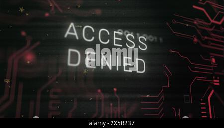 Image of x mark on access denied text, glitch technique, circuit board pattern and binary codes Stock Photo