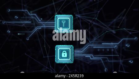 Image of online security padlock and key icons and data processing over computer motherboard Stock Photo