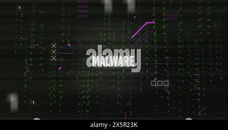 Image of glitch technique over malware text with circuit board pattern over falling binary codes Stock Photo