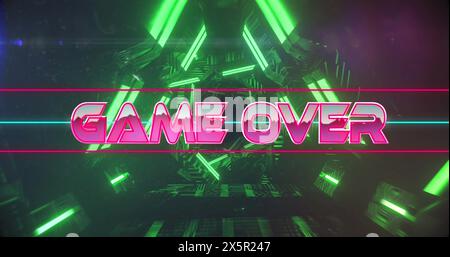 Image of game over text in pink metallic letters over green neon lights Stock Photo