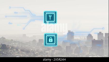 Image of security padlock and key icon with microprocessor connections against cityscape Stock Photo