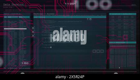 Image of hacked text and data processing over computer motherboard Stock Photo