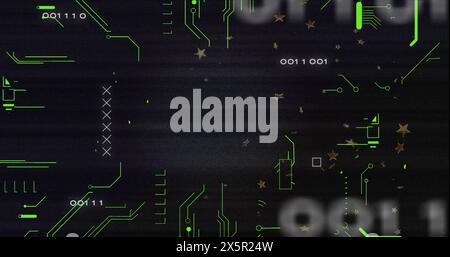 Image of glitch technique over x mark, binary code, circuit board pattern over black background Stock Photo