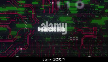 Image of glitch technique over hacked text, circuit board pattern and binary codes over bars Stock Photo