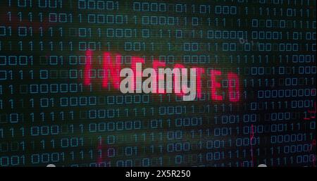 Image of x mark over infected text, circuit board pattern, binary codes against black background Stock Photo