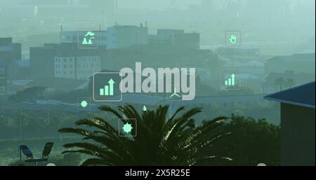 Image of multiple digital icons and data processing against aerial view of cityscape Stock Photo