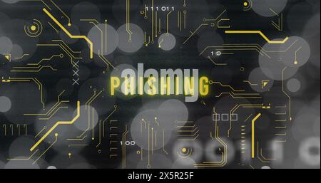 Image of phishing text, x symbol, binary codes, circuit board pattern over bokeh effect Stock Photo